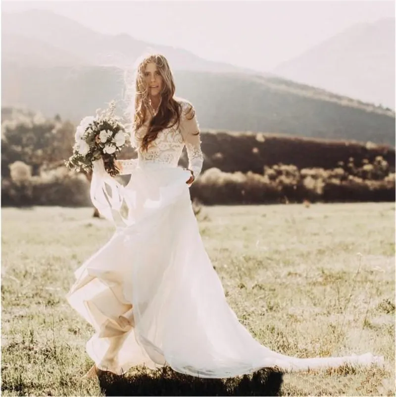 Bohemian Country Wedding Suknie z czystymi długimi rękawami Bateau Secion Line Lace Applique Chifon Boho Bridal Suknie tanio, ale High1536977