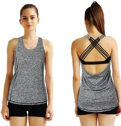 Серый женский йога футболка Tee Sexy Strappy Back Crisscross спортивные фитнес тренажерный зал футболки сухой подходит велосипед бегущий бак резервуар топ блузки