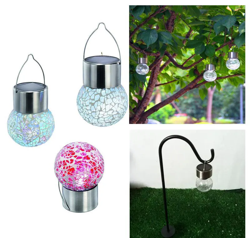 solar battery operated led ball light colour chaning LED Crackle Glass Hanging Lights outdoor for yard holiday decoration