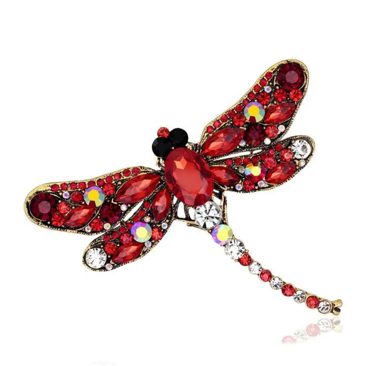 Rhinestone Dragonflyブローチのための女性アンティークゴールドカラースカーフラペルブローチピン動物クリスタルジュエリーギフト送料無料