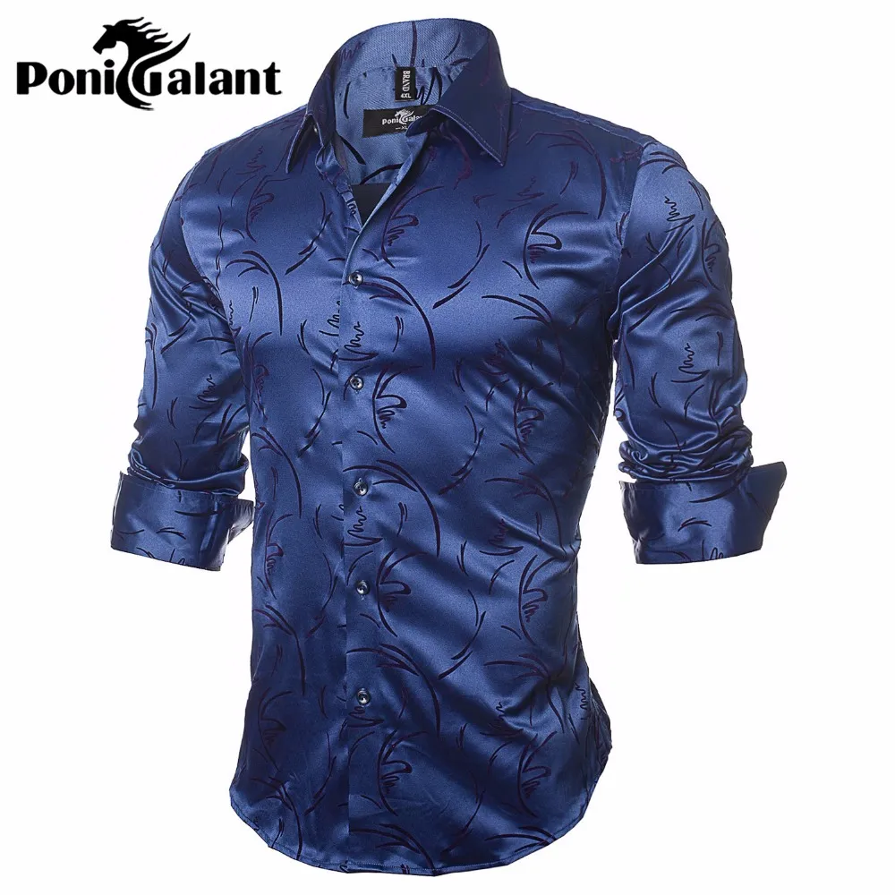 Wholesale- PoniGalant High Quality Silk & Cotton Men Shirts Fashion Long Sleeve  Printed Male Clothing Plus Size M-5XL