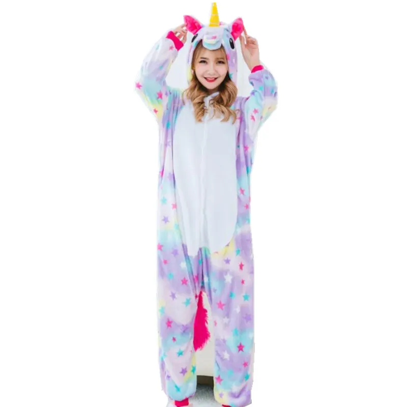 Women's Cosplay Costumes and Winter Flano Pajamas Star or Rainbow Unicorn Onesies Kigurumi Jumpsuit Hoodies Adults Halloween Party Clothes