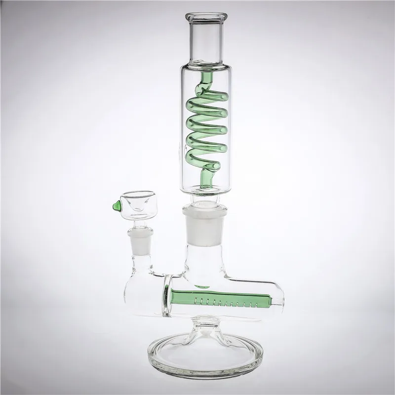 Bong in vetro Giunto da 12 pollici 14,4 mm Parte staccabile Inline Perc Base spessa Recyler Oil Rigs BLU VERDE Pipa ad acqua in vetro