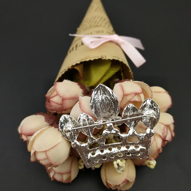 50mm Crown Brooch Pin Silver Tone Clear And Pink Rhinestone Crystal Costume Decoration Jewelry Wedding Brooches