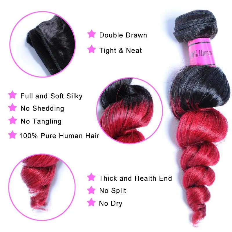 Ombre Maleisische Losse Wave Virgin Menselijk Hair Extensions 2 Two Tone 1B / Rood Bourgondië Wijnrode Maleisische Remy Menselijk Haar Weave Bundels