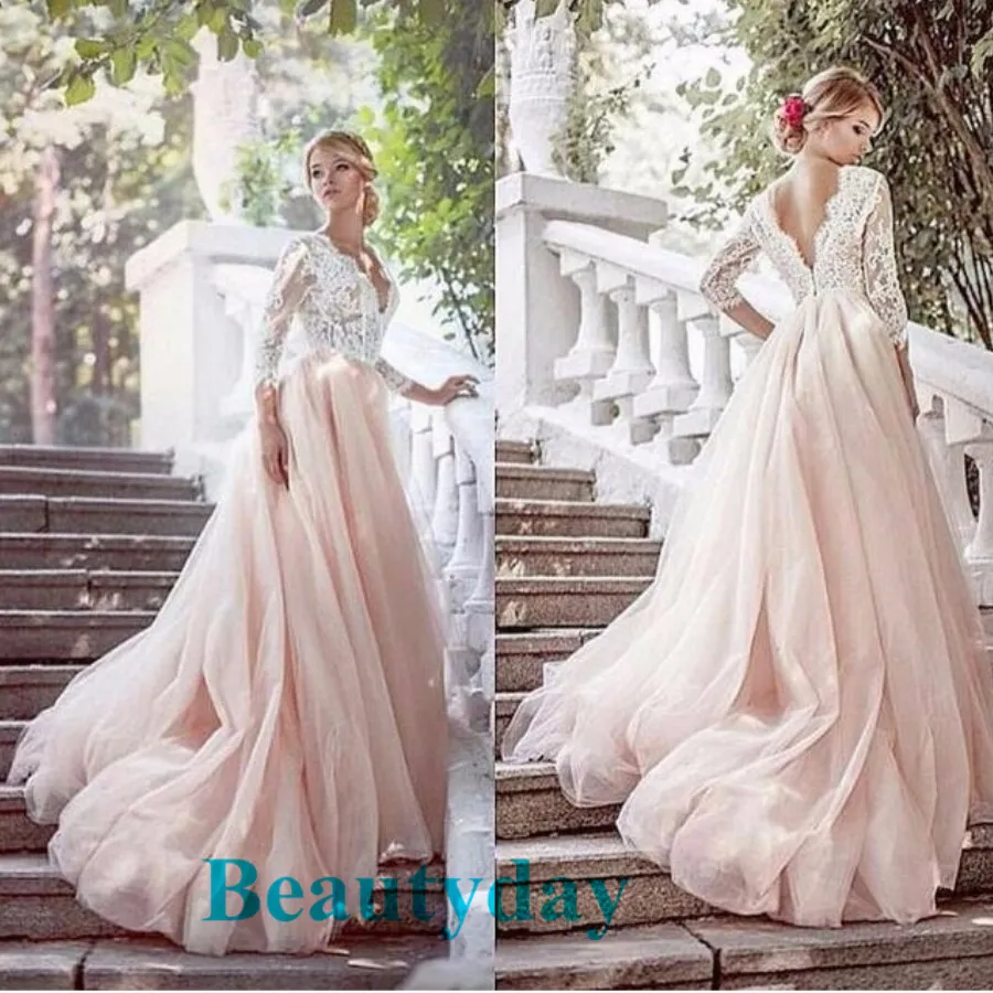 Blush Bohemian Hippie Abiti da sposa Beach A-line Abito da sposa Maternità Abiti da sposa in gravidanza Backless Scollo a V 3/4 Manica lunga in pizzo