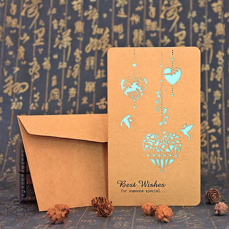 kraft kağıt zarf ile tebrik kartları içi boş lazer kesim tebrik kartı düğün kartları doğum günü kartı Valentine kart kartvizit