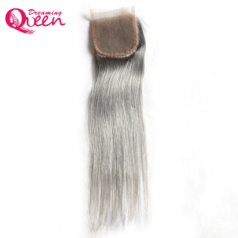 Grå Straight Lace Closure Ombre Brasilianska Virgin Human Hair 4x4 Spets Avslutning Med Baby Hår Grå Färg Hår Stängning Bästa kvalitet