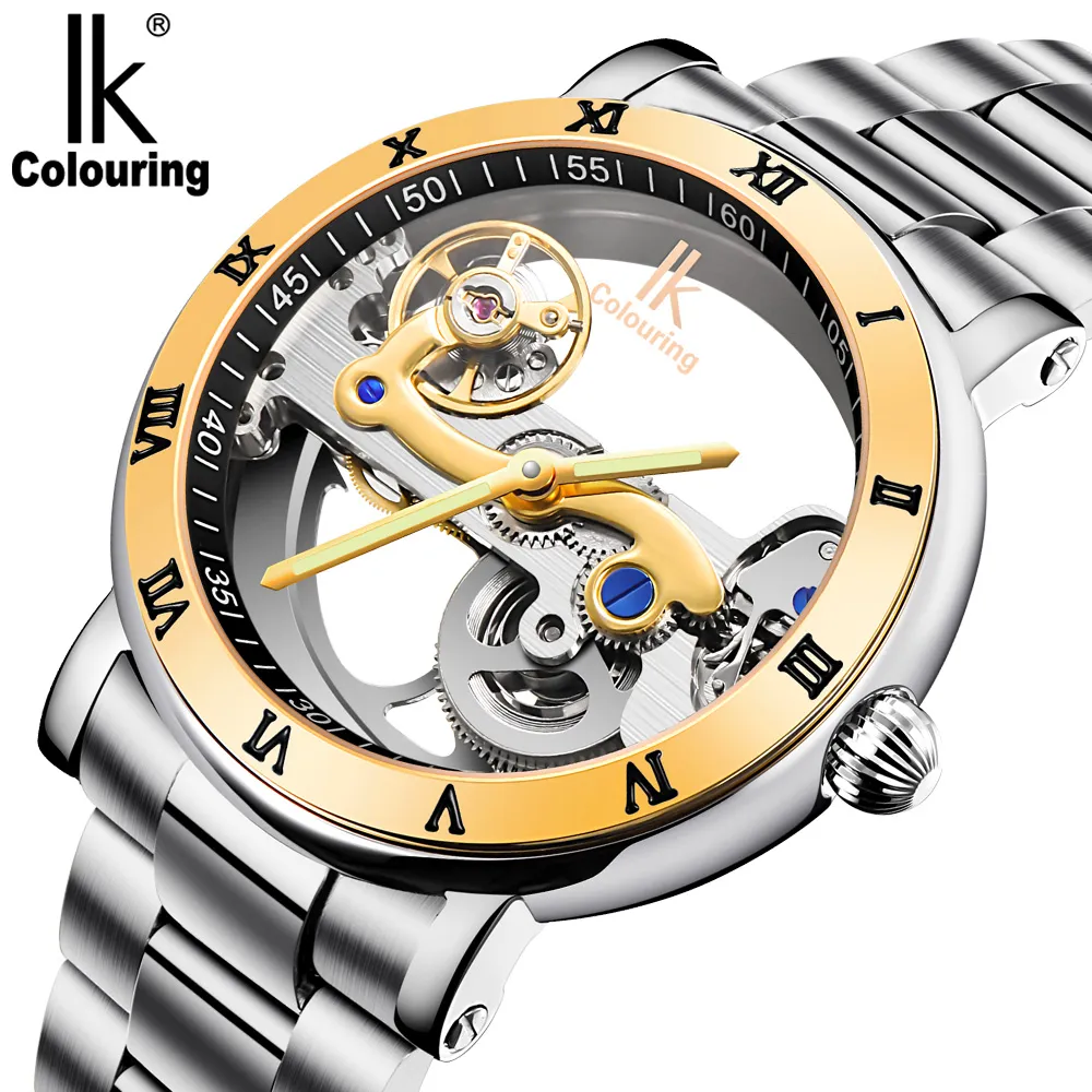 NEW!Original IK 50M waterproof watch double face hollow out fashion skeleton automatic men mechanical self wind brand swimming