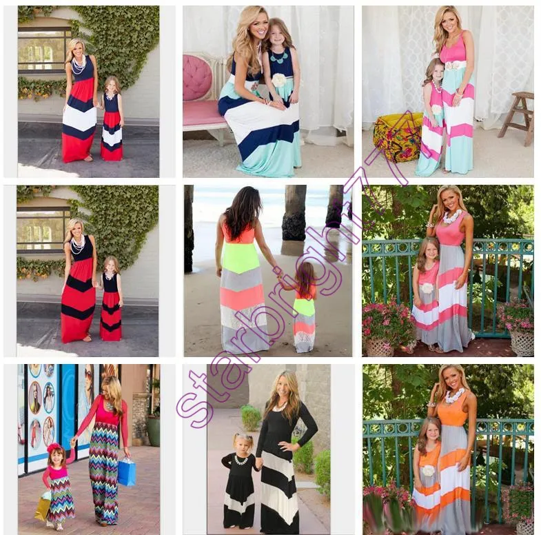 16 stilar Familj matchande kläder kläder Flickor Patchwork sätter mor och dotter strand matchande klänningar kläder maxi chevron stripe klänning