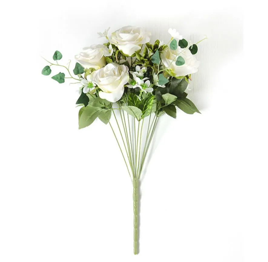 Artificial 11head Rose Flowle Folha Haste para casamento Bouquet Home Office Hotel Decoration