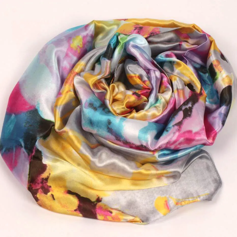 9STYLES Lavande Rouge Noir Lys Fleur Foulards Femmes Mode Satin Peinture À L'huile Long Wrap Châle Plage Foulard En Soie 160X50cm S82-s90