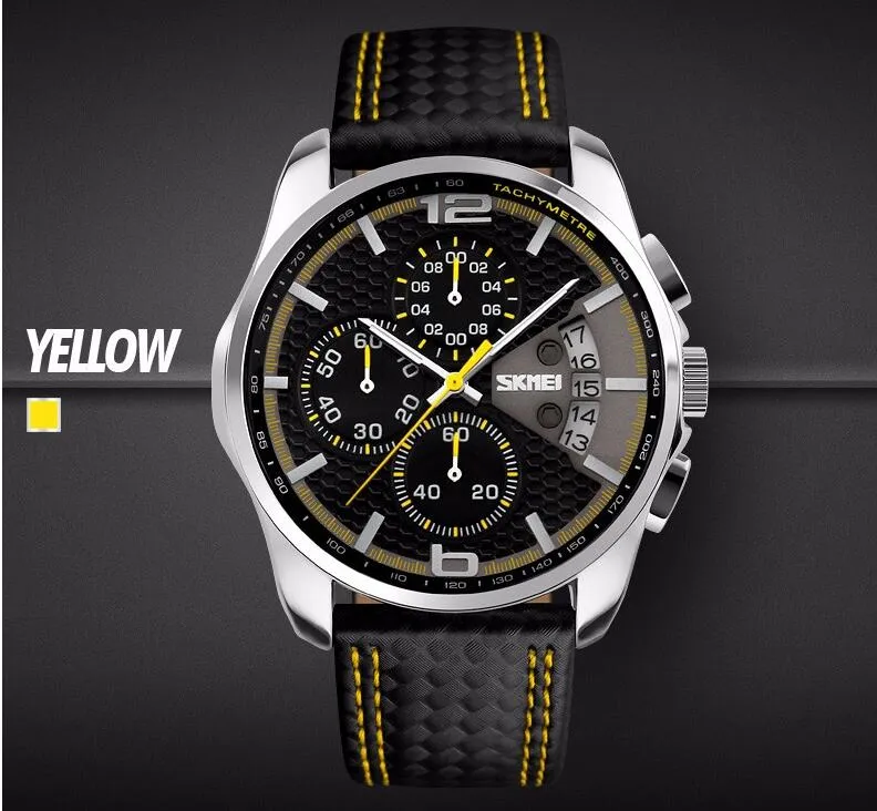 SKMEI 9106 Quartz Watch Men Outdoor Sports Chrono Leather Band