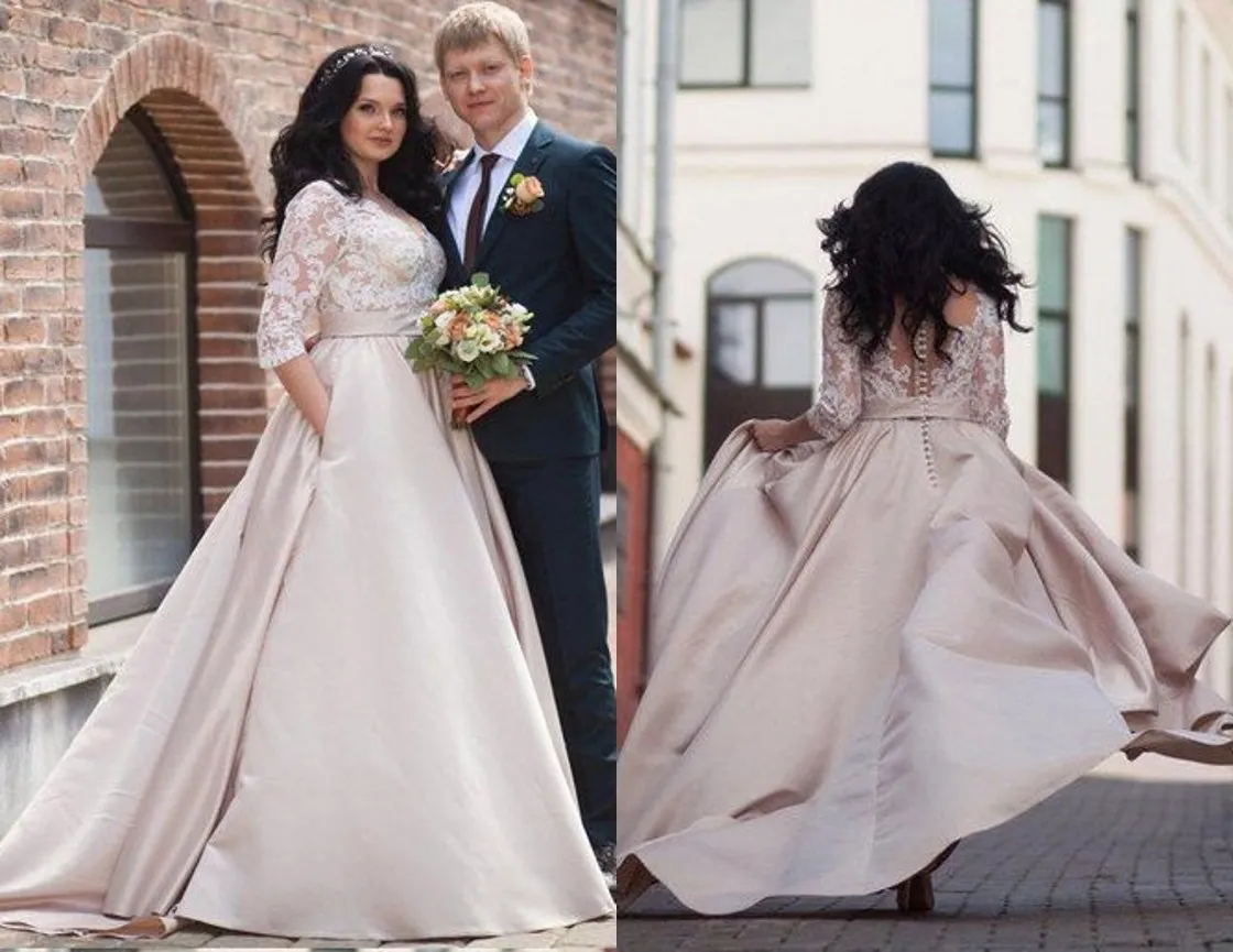 2022 élégantes robes de mariée grande taille robe de mariée dos creux avec illusion demi manches poches de mode robes de mariée de créateurs