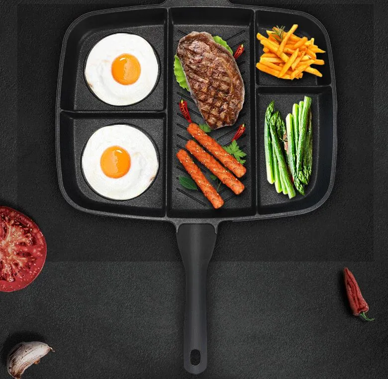 Partihandel Fryer Pan Non-Stick 5 i 1 Fry Pan Delad Grill Fry Ugnsmåltid Skillet 15 "Svart