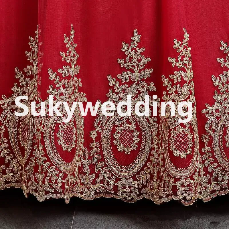 New Burgundy Muslim Wedding Dresses with Long sleeves African Wedding Ball Gowns with Gold Appliques Hijab Saudi Arabia Bridal Dre340K
