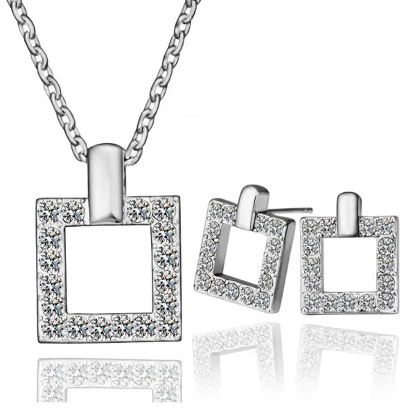 18K Platinum Plated Fashion Women Square Jewelry Sets Austrian Crystal Pendant Necklaces Stud Earrings for Women