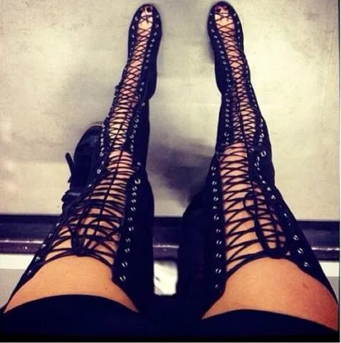 Sexy Cut-Outs Thigh High Boots Lace Up Over-The-Knee Boots Woman Kim Kardashian Style High Heels Long Gladiator Sandals281o