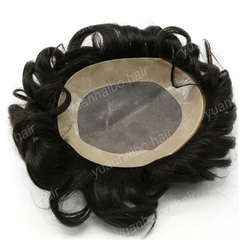 high quality natural black loose wave virgin brazilian human hair toupee for men lace with pu 7435019
