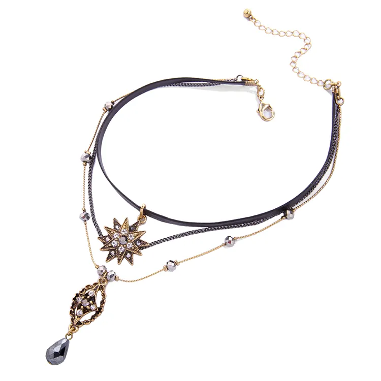 New Multi-layer Leather Punk Gothic Choker Necklace With Detachable Stars Snowflakes Pendant Necklace for Women