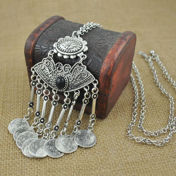 Оптом-2016 мода цыганские богемные богельские ювелирные изделия античные серебряные кисточки длинные резьба монеты ожерелье для женщин изысканные украшения