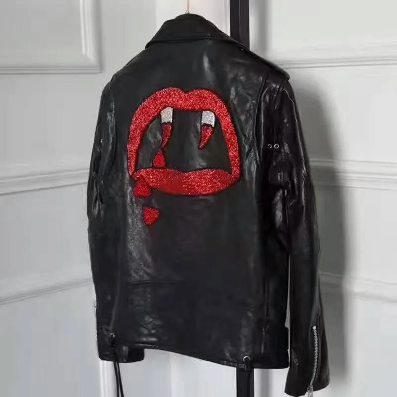 Blood teeth print back women genuine leather jackets 100% genuine leather street fashion ladies jackets