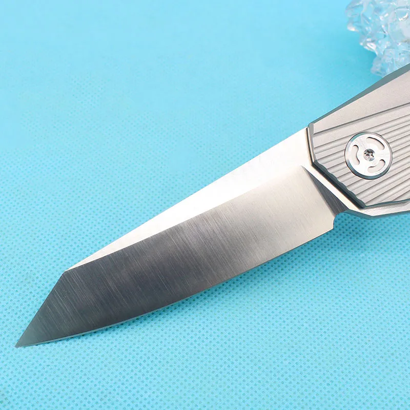 High-end Flipper Knife D2 Satin Blade TC4 Titanium Handle Ball Bearing Washer EDC Pocket Knives Outdoor Gear with Nylon Bag