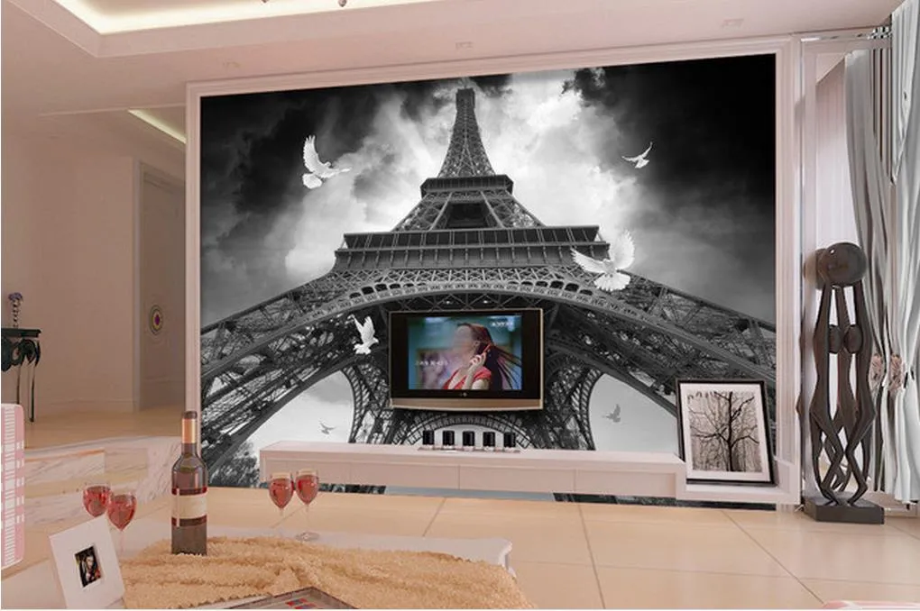 Alta Qualidade tamanho Customize Modern Torre Eiffel de Paris Pigeon TV cenário mural 3d papel de parede papéis de parede em 3D para TV pano de fundo