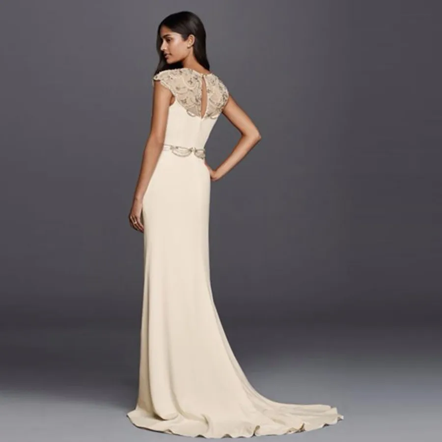 Elegant Beading Cap Sleeved Crepe Sheath Wedding Dress Crystal Elastic Satin Court Train Bridal Gowns JP3416083759128