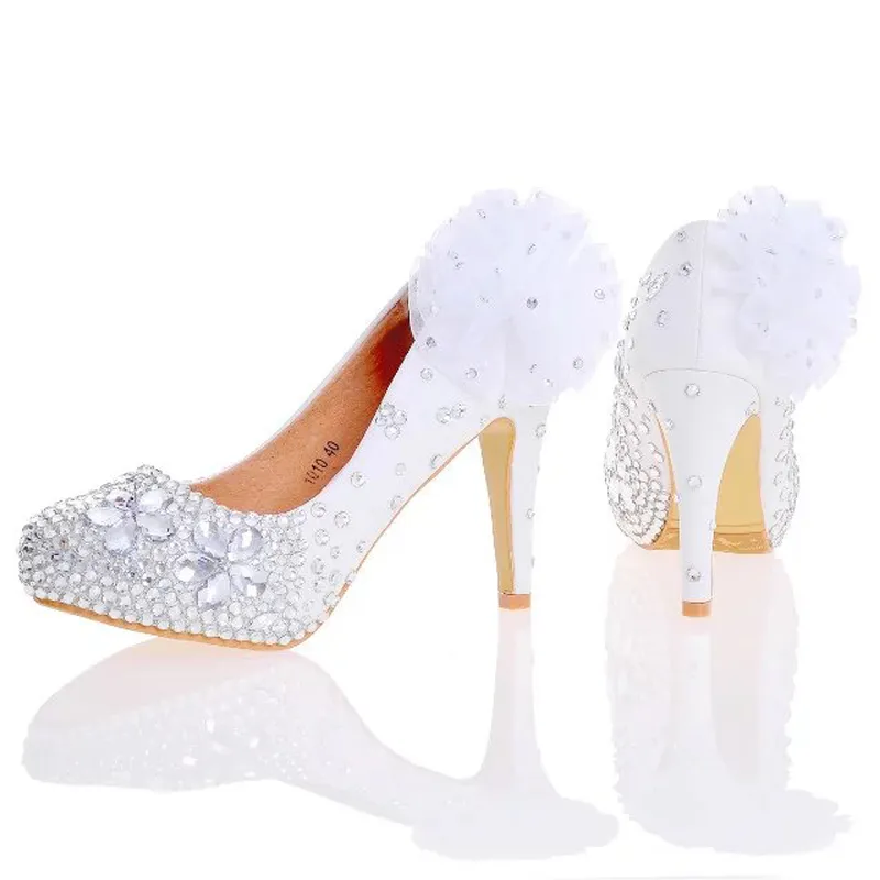 Chaussures à talons hauts pour femmes, blanc et rouge, strass argentés, chaussures de fête de mariage, faites à la main, avec Appliques, chaussures de demoiselle d'honneur