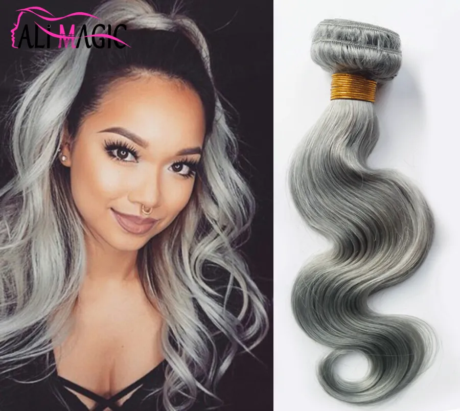 Ail Magic Grey Tessuto dei capelli umani Estensioni dei capelli grigio argento Offerta di fabbrica Capelli peruviani indiani malesi brasiliani dell'onda del corpo 3 pacchi