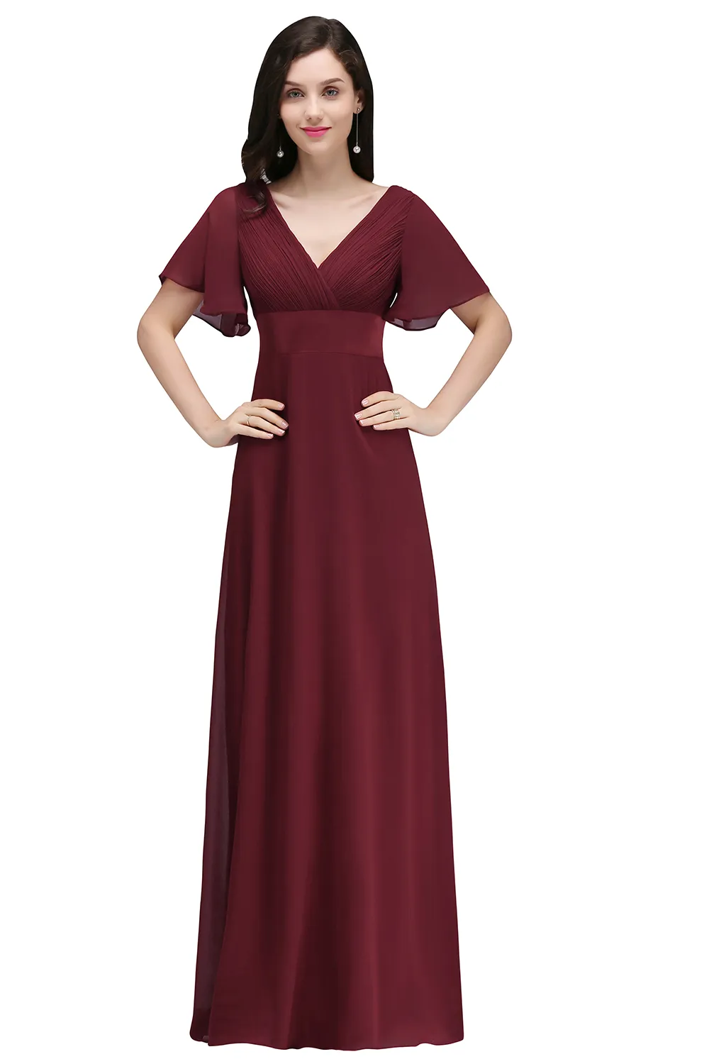 Wholesale Price Dark Red Long Chiffon Evening Dresses V Neck Low Back Flowy A Line Evening Party Gowns with Speaker Sleeves Cheap Online