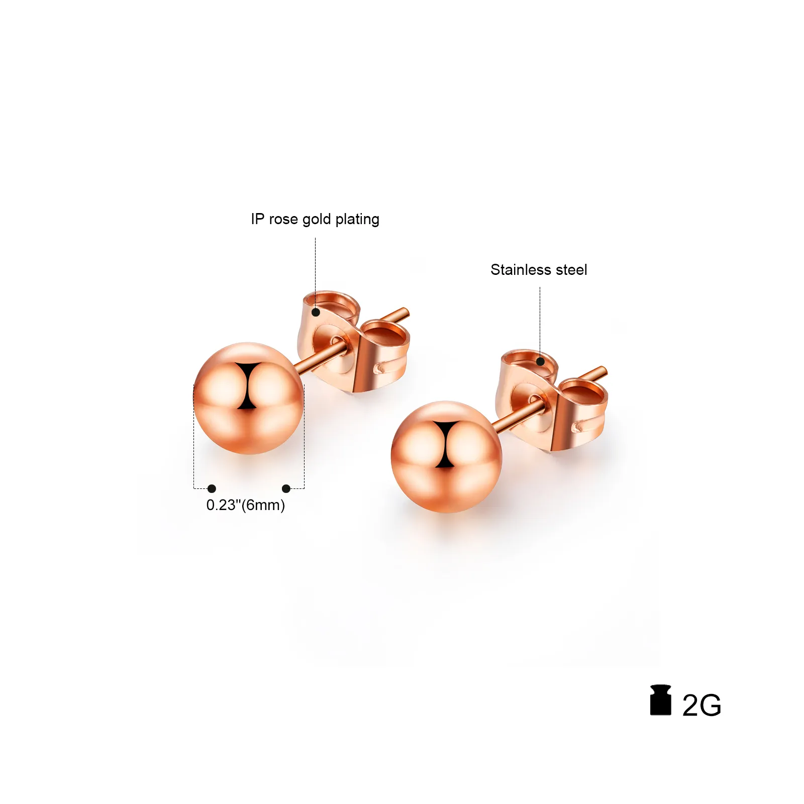 Piccoli orecchini a bottone con perline placcati in oro rosa in acciaio inossidabile