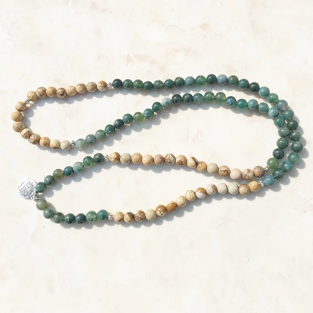 SN1005 Agata muschiata Immagine Diaspro 108 Perline Mala Collana Yoga Albero della vita Bracciale avvolgente Mala Tutto sulla natura e meditazione292O