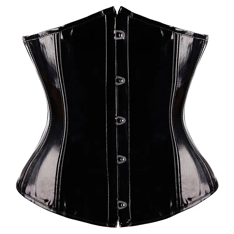 Sexig Vintage Underbust Lace Up PVC Faux Läder Corset Bustier Waist Cincher med G-String