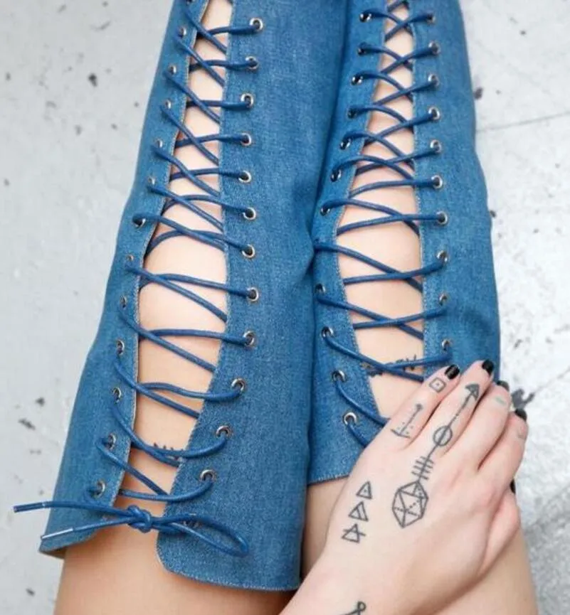 2017 femmes cuissardes en denim bottes dames sur le genou haute à lacets chaussons bleu denim grands chaussons mode dos zip mujer botas