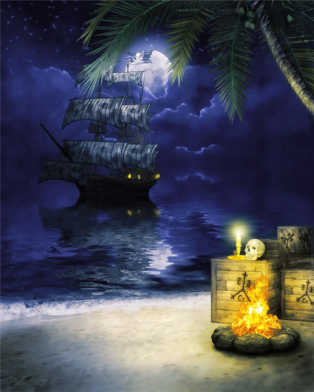 Starry Sky Pirate Ship Fotografi Bakgrund Dark Blue Night Treasure Boxes Seaside Palm Tree Barn Barn Studio Fotografera Bakgrund