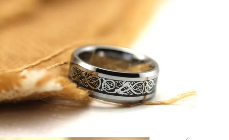 Siver Dragon Inlay Tungsten Pierścień węglików punkowy styl biżuterii tradycyjna kultura smok pierścień o szerokości 8 mm dla par Ameryka3870803