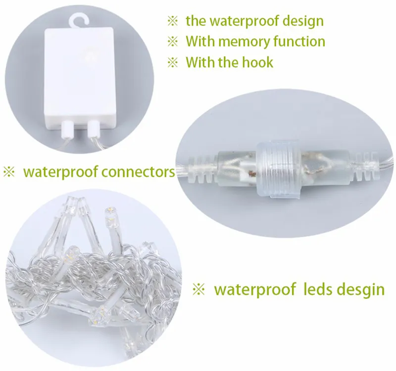 LED-gardinsträng ljus vattenpoof juldekorationsljus 3 * 1m 3 * 2m 3 * 3m Flash Färgad prydnadslampa för vardagsrum Sovrum Trädgårdslobba Korridor