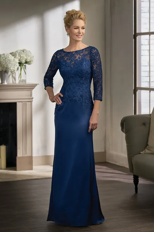 Navy Blue Lace mother of the bride with Long Sleeves and Jewel Neckline - Floor Length Sheath Wedding Guest Gown Navy Blue Lace mother of the bride with Long Sleeves and Jewel Neckline - Floor Length Sheath Wedding Guest Gown