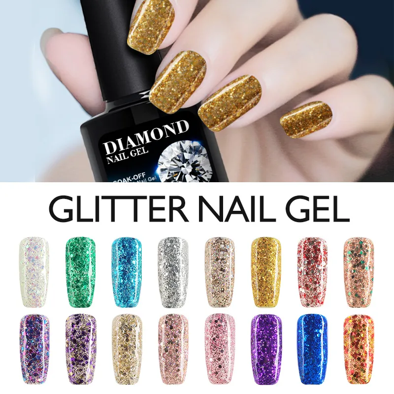 Gros-Modelones 10ML 3D Diamant Glitter Vernis À Ongles Gel Longue Durée Polonais UV LED Gel Vernis À Ongles Soak-off Glod Couleur Vernis À Ongles