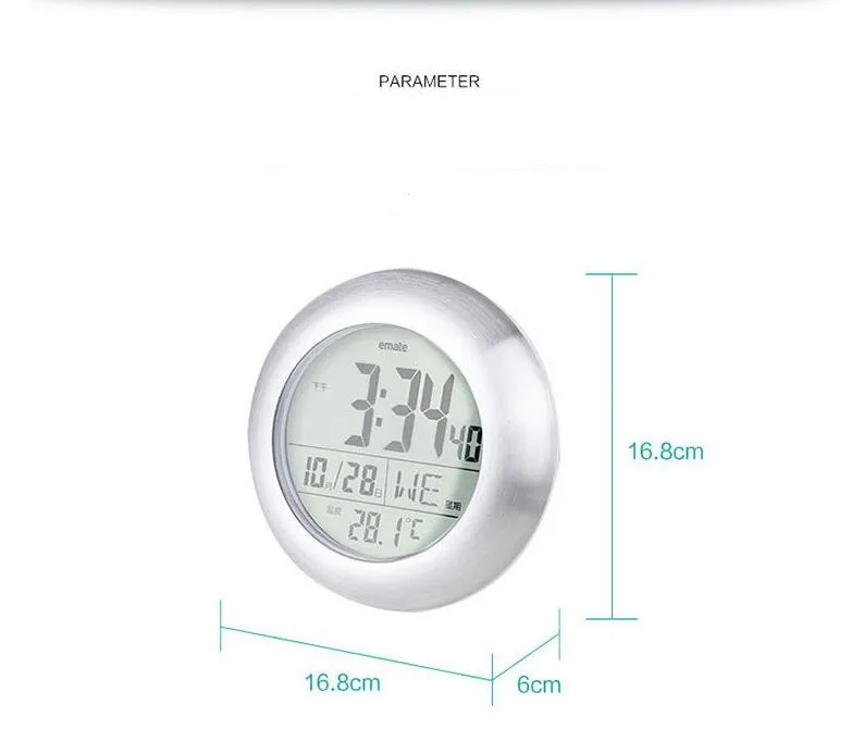 Tempo de chuveiro impermeável multifuncional relógio Digital banheiro cozinha relógio de parede prata grande temperatura e umidade exibição