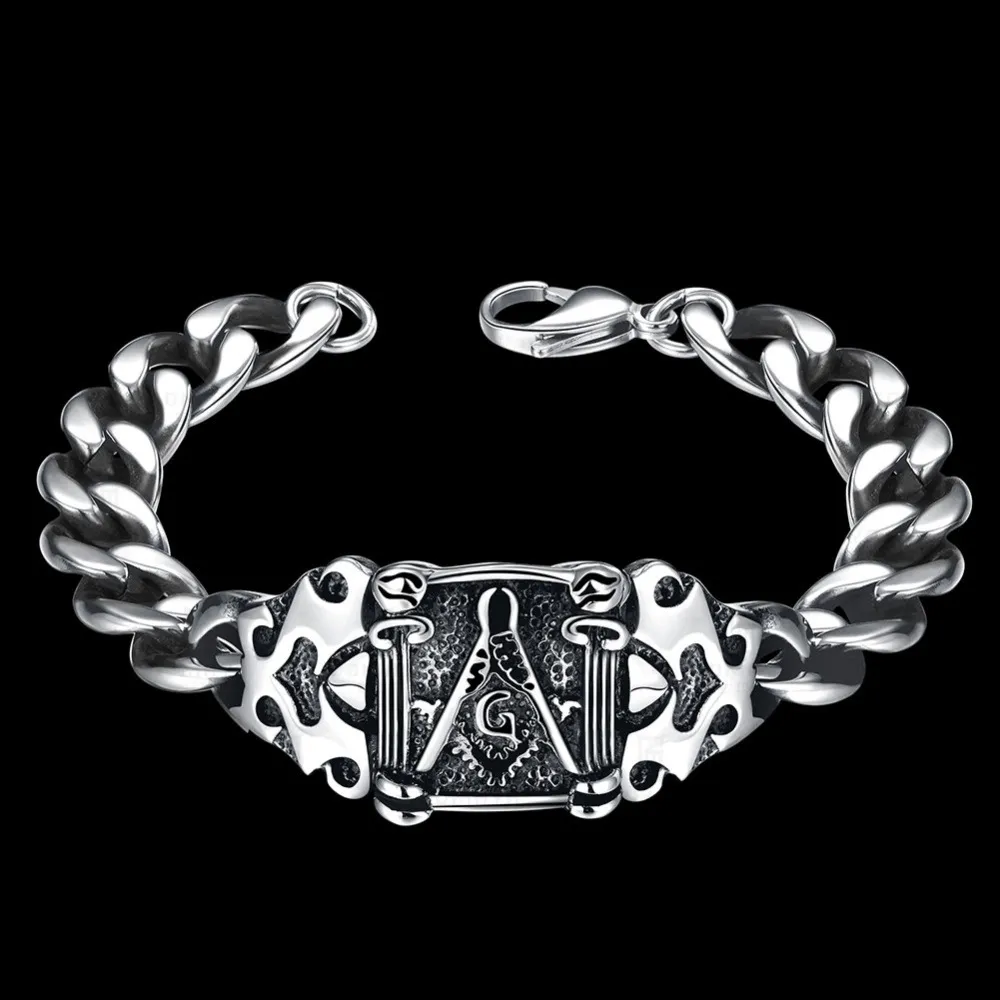 Novo Sinete Maçhint de Aço Inoxidável Freemason Link Cadeia Bracelete Grátis Mason Retro Prata Prata Antiga Punk Braceletes com Petróleo Preto Jóias Para Homens