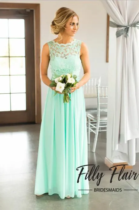 Hot Sale 2019 Mint Green Lace Top Chiffon Skirt Country Bridesmaid Dresses Long Cheap Beach Backless Floor Length Wedding Party Gown EN9201