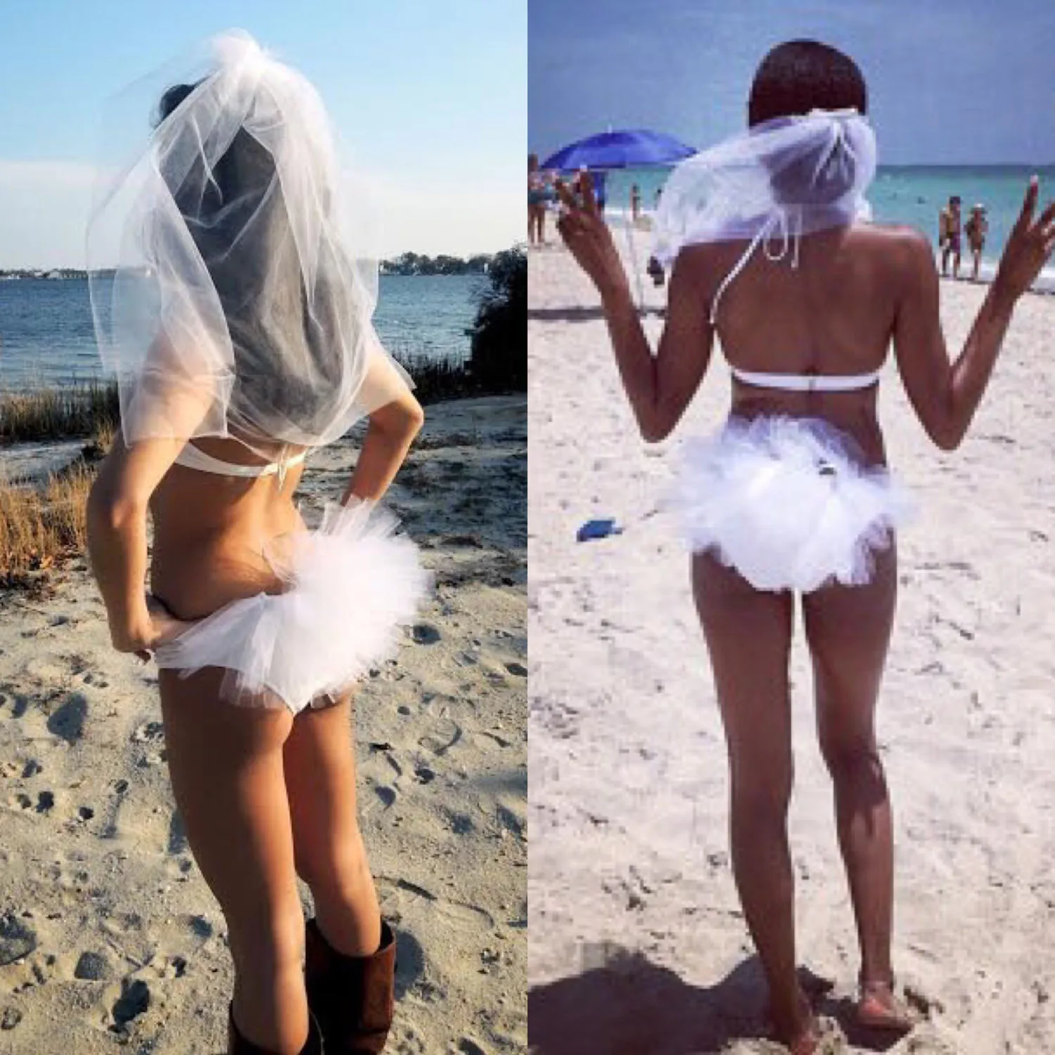 Bachelorette Bikini Veil Beach Welon ślubny Bridal z grzebieniem Cut Edge Tulle White Crough Booty Veil Hen Party Dwupiętrowy zestaw