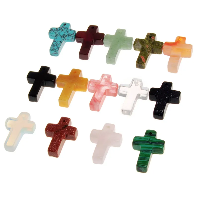 Mix Diverse Natuurlijke Carneool Topaz Opaal Stones Hanger Willekeurig Fancy Smooth Top Geboord Cross Shape Lucky Beads voor Heer's Prayer Necklace