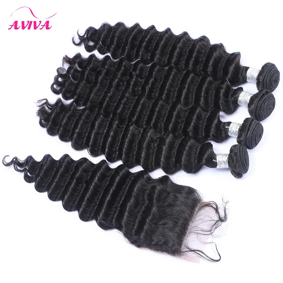 Lote Brazilian Deep Wave cabelo virgem encaracolado com fechamento brasileiro profundo cabelo humano tecida com fechos de renda extensões de cabelo remy