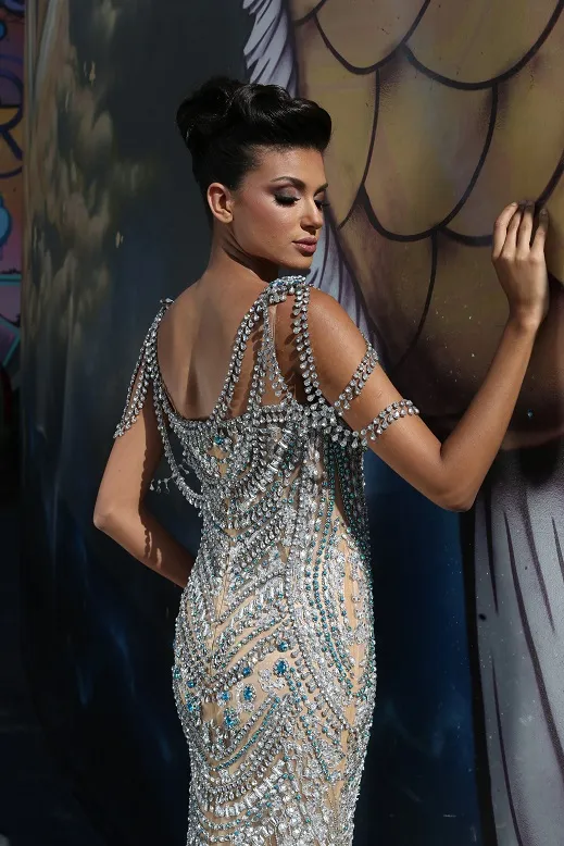 Sexy Prachtige Sprankelende Steentjes Evenign Gowns Vierkante halslijn Pailletten Blue Crystal Beading Red Carpet Dress Mermaid Lange Avondjurk