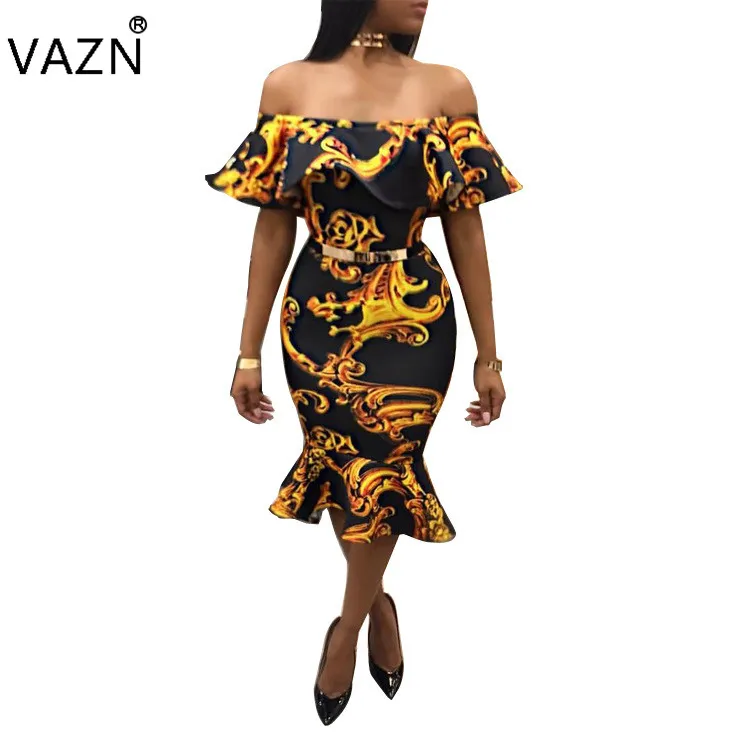 VAZN New Fashion Elegant 2018 Bandage Dress Sexy Club Dress Off The Shoulder Abiti con stampa midi K9125 q1118