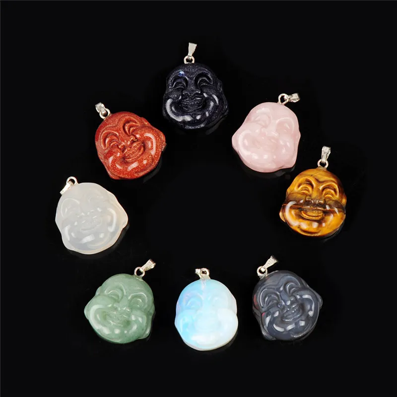 Mixed Natural Stone Rose Quartz Carved Hotei Laughing Maitreya Head Figurines Pendant Lucky Wealth Happy The Buddha of the Future Statue